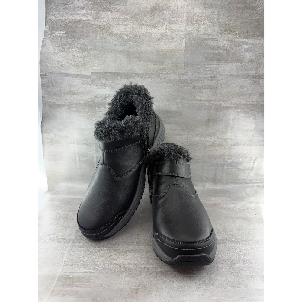 Orthofeet 793 Florence Women Black Leather Ankle Boots Sz 8 2E X-Wide Faux Fur